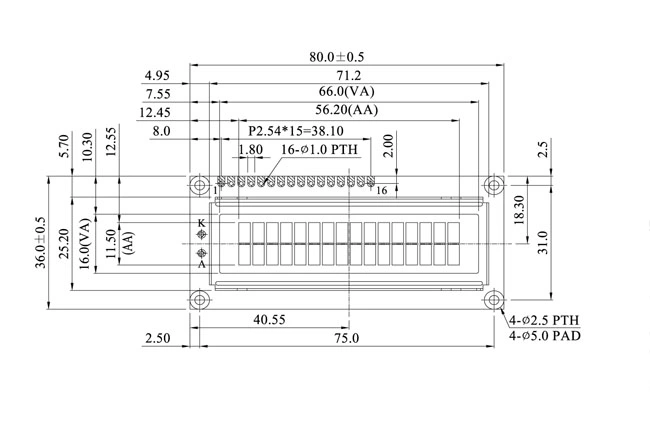 Standard Product Chip on Board Monochrome 16X2 Characters Liquid Crystal Display